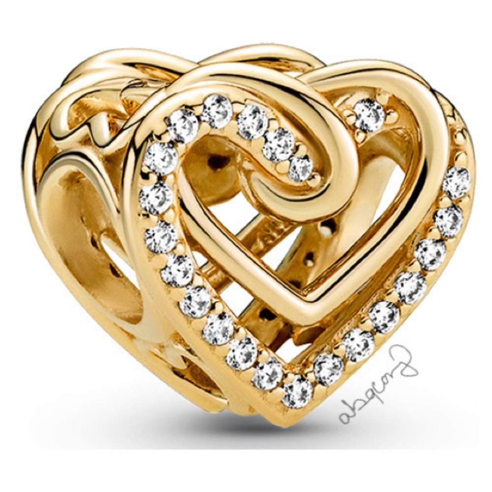 EUC Pandora 769270C01 14k Gold-Plated Sparkling Entwined Hearts Charm w/ CZs